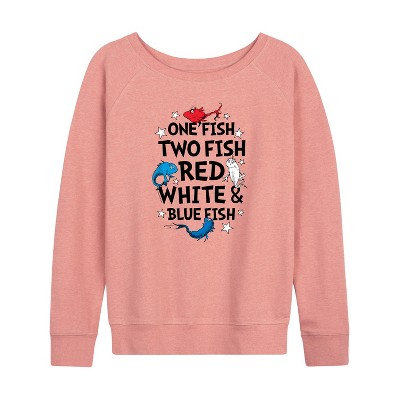 Women's - Dr. Seuss - Red, White and Blue Fish Lightweight French Terry Wide Neck Long Sleeve Shirt