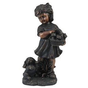 LuxenHome 23.31" Bronze MgO Girl Holding Basket of Kittens with Puppy Garden Statue Brown - 1 of 4