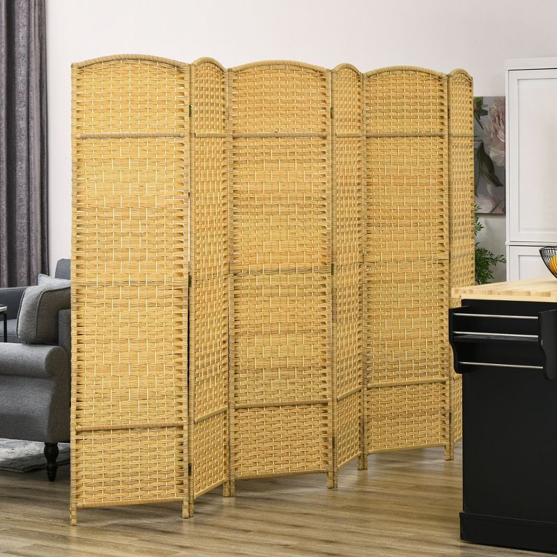 HOMCOM Room Divider, 6' Tall Folding Privacy Screen, Hand-Woven Freestanding Wood Partition for Home Office, Bedroom, Nature Wood, 2 of 7