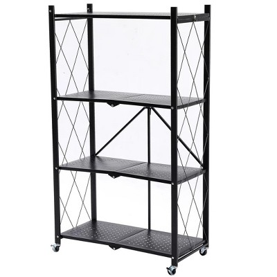 J&V TEXTILES Foldable Storage Shelf with Wheels - Metal Collapsible Shelving Unit Display, Rolling Cart for Books Kitchen Storage Shelves