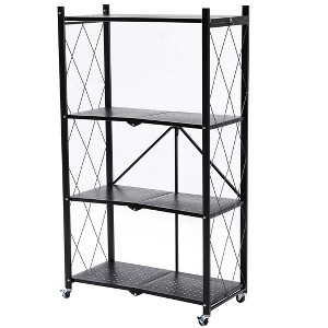 J&V TEXTILES Foldable Storage Shelf with Wheels - Metal Collapsible Shelving Unit Display, Rolling Cart for Books Kitchen Storage Shelves - 1 of 4