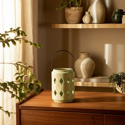 Ceramic Hurricane Lantern with Cutout Design - Ceramic Outdoor & Indoor Accent for Home, Garden, Patio & Office