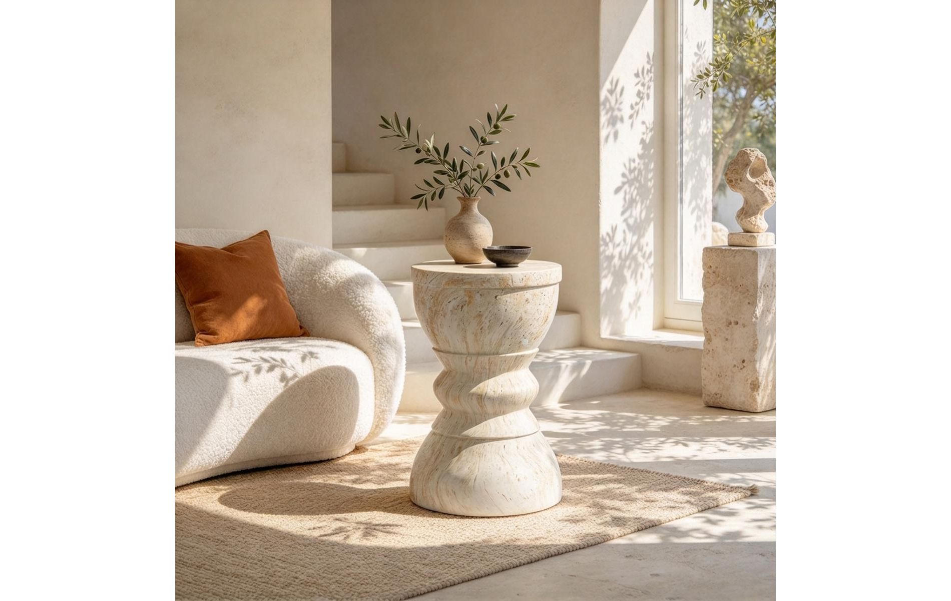 ModernLuxe 11.8" Round Outdoor Side Table, MGO Hourglass Silhouette Patio End Table for Living Room, Bedrooms, Garden, Backyard, Beige Brown