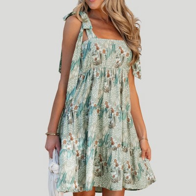 Amaryllis Women’s Smocked Midi Dress Adjustable Tie Straps Tiered Skirt Botanical Floral Print- Medium ,Green