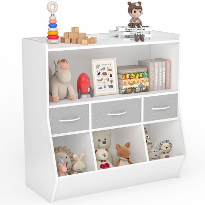 SKONYON Kids Bookshelf and Toy Organizer with Fabric Drawers, Open Cubbies, Safe Design, Compact Storage Solution for Playroom or Nursery