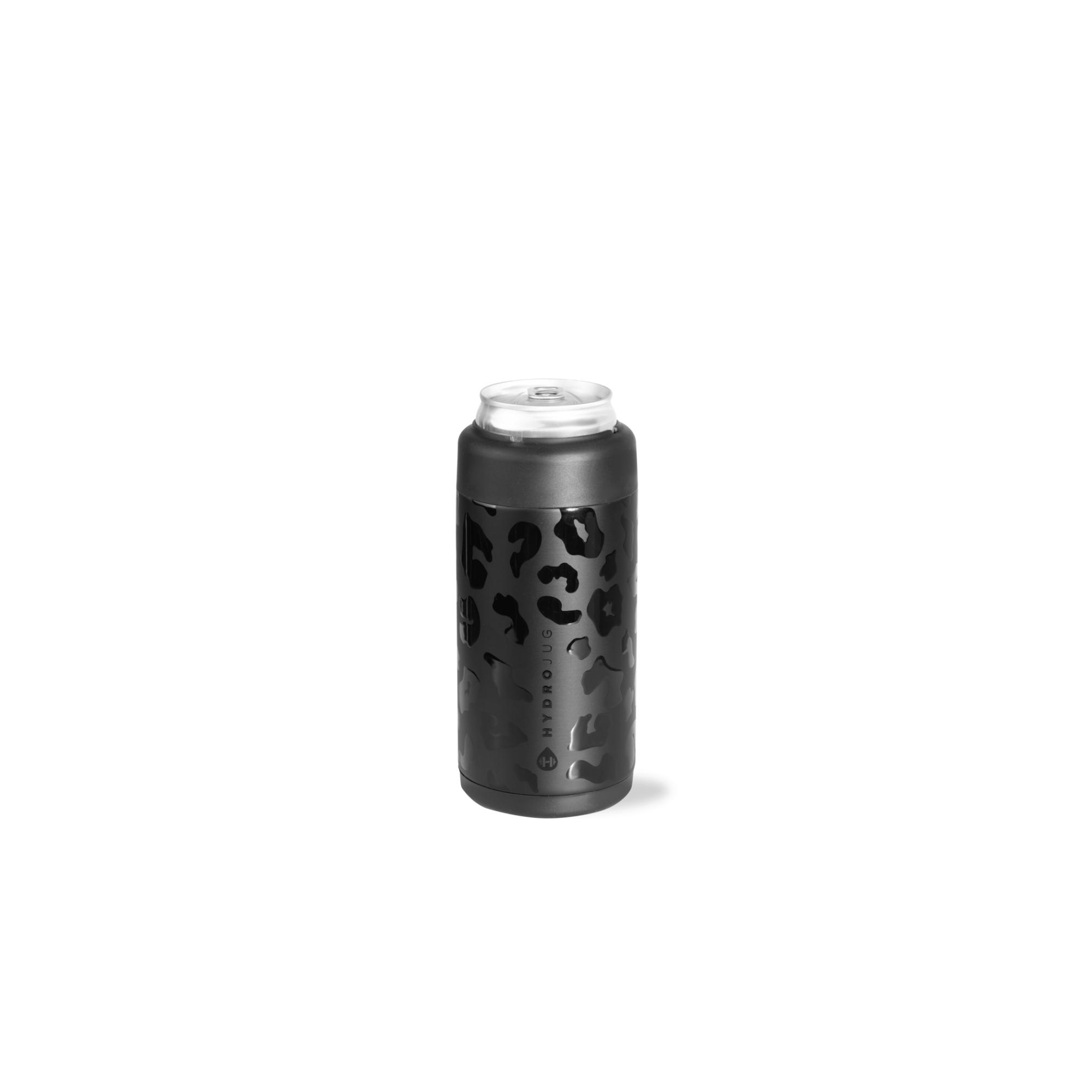 HydroJug Can Cooler – Insulated Stainless Steel Can Cooler Cup with Screw-Top Collar & Rubber Base - Slim 12oz, Black Leopard