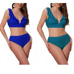 INSPIRE CHIC Women's Ruffle Trim V Neck Wide Strap Drawstring Tie Back Top Triangle Bottom Bikini Sets 2 Sets - 1 of 4