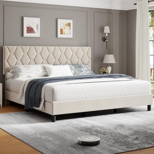 Queen Bed Frame with Fashion Upholstered Headboard and Strong Wood Slats, No Box Spring Needed Easy Assembly - 1 of 4