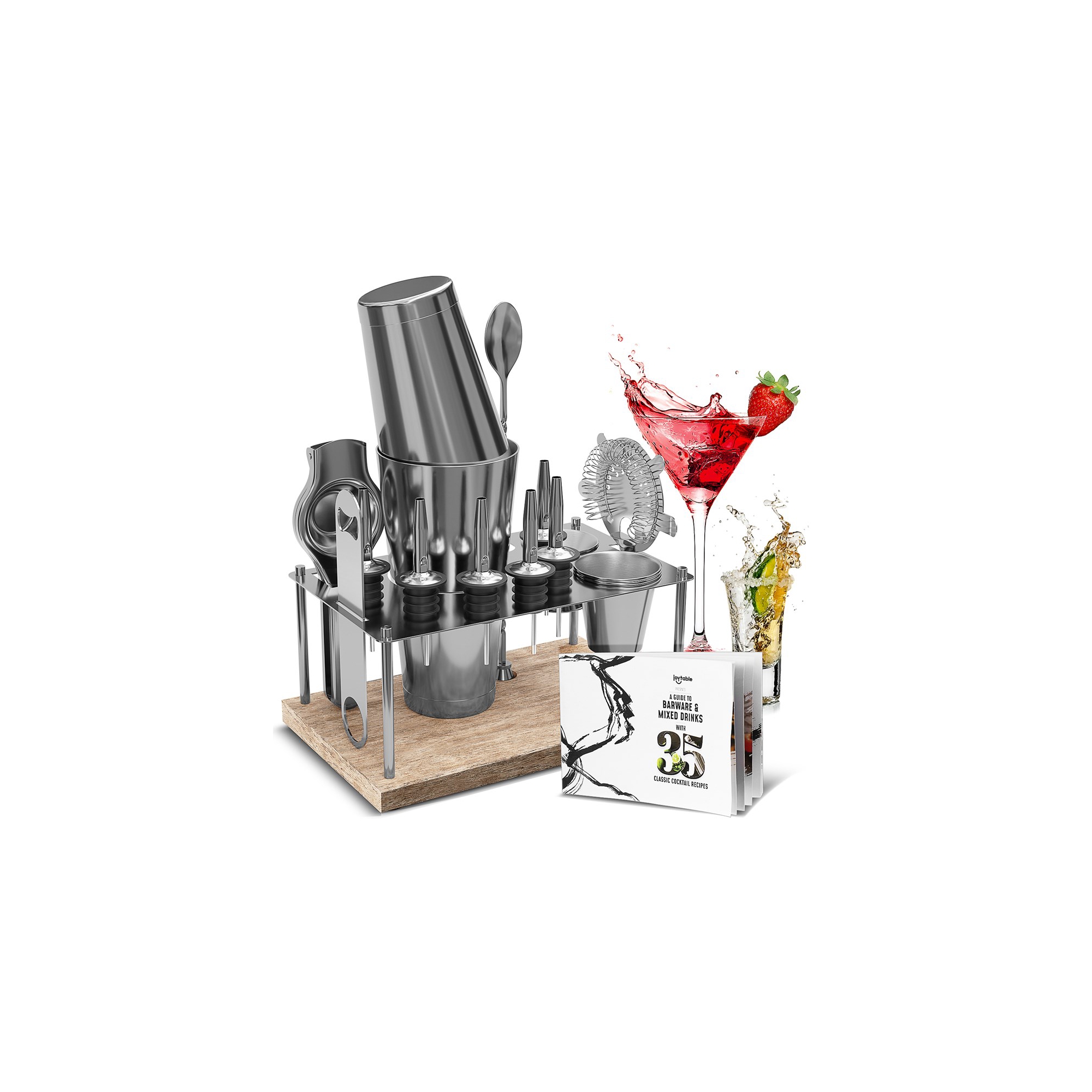 JoyTable Bar Set Cocktail Shaker Set, 17PC Stainless Steel Bartender Kit, Silver Cocktail Set with Bar Tools & Wood Stand