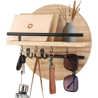 LunaLulinlk Key Holder for Wall Decorative with Shelf and Hooks, Wood Round Wall Mount with Holder, Entryway Key Rack Hanger Light Brown