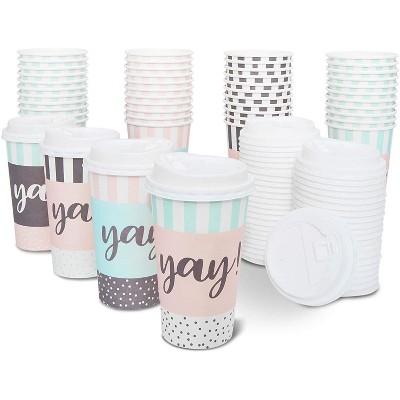 48-Pack Yay! Decorative Insulated Disposable Coffee Cups with Lids, 16oz Paper Hot Cup to Go for Birthday Party, Event Decorations