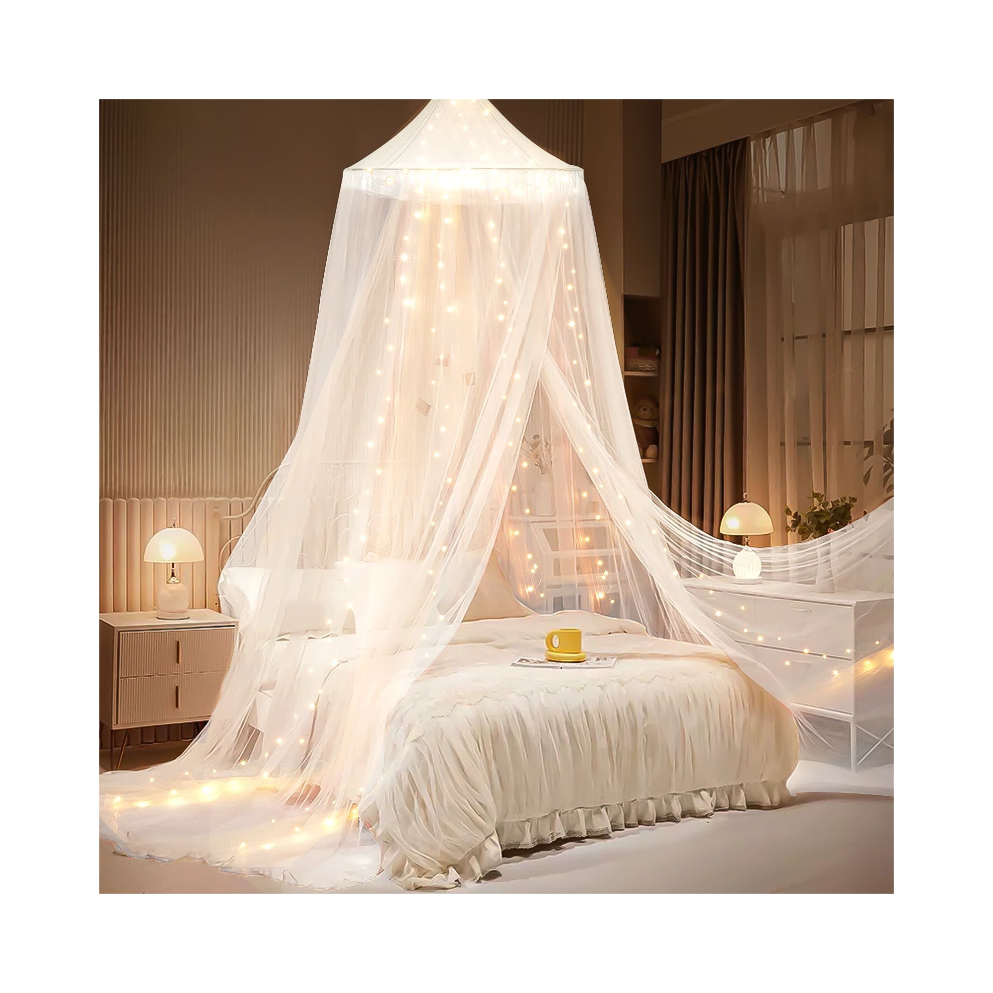 YEERSWAG Elegant Princess Bed Canopy Bed Curtain Nets with Luminous Stars Lights For Single to King Size White