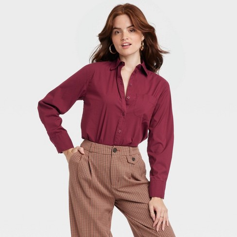 Women's Long Sleeve Relaxed Fit Button-down Boyfriend Shirt - A New Day™  Burgundy S : Target