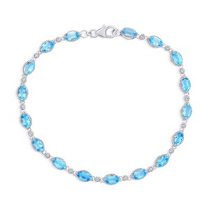 Simona Sterling Silver, Oval 4.94ct Swiss Blue Topaz & 0.11ct White Topaz, Beaded Outline Gem Bracelet - Blue - 7.5 Inch - 1 of 3