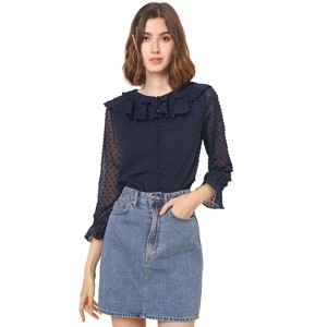 Allegra K Women's Ruffle Neck Polka Dot Button Front Sheer Chiffon Blouse - 1 of 4