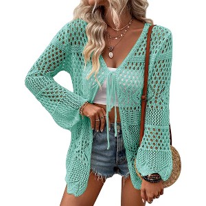 Womens Cardigan Spring Tops Sheer Lightweight Summer Cardigan Beach Cover Up Tops V Neck Lantern Sleeve Sweater Cardigan - 1 of 4