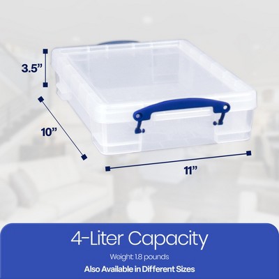 Clear Plastic Stackable Storage Containers with Blue Clip Lock Handles, 4-Pack