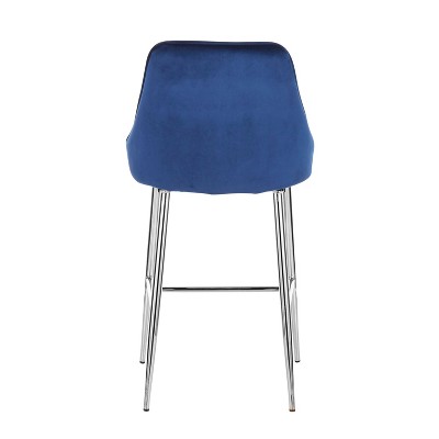 Navy Blue Velvet and Chrome Modern Counter Stools, Set of 2