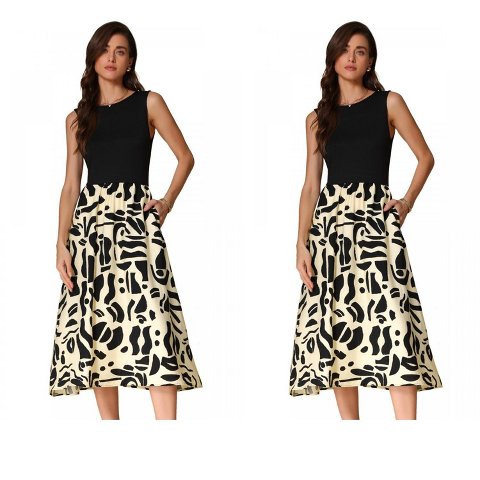 Женские платья INSPIRE CHIC Women's Summer Sleeveless Pattern Splicing Round Neck Midi Dress Black Beige X-Small 2 Packs Black Beige/Black Beige X-Small