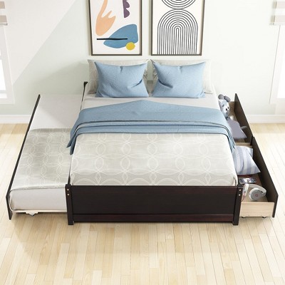 Solid Wood Full Size Bed Frame With Twin Size Trundle And 2 Storage Drawers, Space Saving Design, No Box Spring Needed