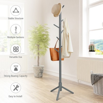 Gray Rubber Wood Adjustable Height Coat Rack with 8 Hooks