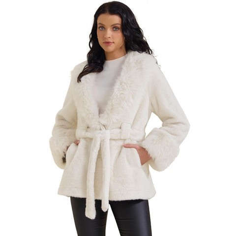 INSPIRE CHIC Women's Faux Fur Lapel Removable Belt Winter Shaggy Jacket with Pockets Small White
