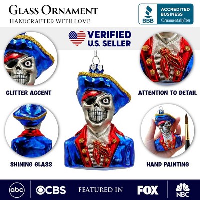 Fierce Pirate Skeleton Glass Ornament, Gothic Skull Captain Decor