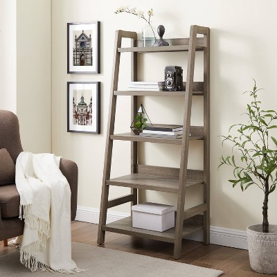 Modern Gray Wood Ladder Bookcase with 5 Spacious Shelves