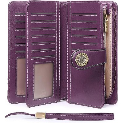 Hachikiko Leather RFID Blocking Wristlet Wallet - Large Capacity Credit Card Holder with 24 Card Slots & ID Windows