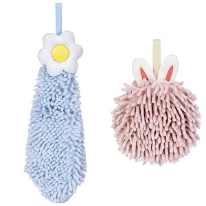 REGALWOVEN 2 Packs Soft Absorbent Flower Pattern Chenille Hand Towel with Loop 6" x 15"/7" x 7" - 1 of 4