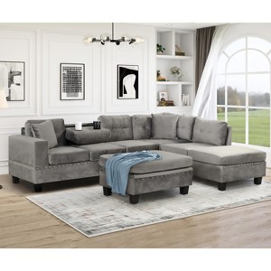 105" Modern L-Shape Sectional Sofa with Storage Ottoman & Reversible Chaise - 2 Pillows & Cup Holder Included for Living Room - 1 of 4