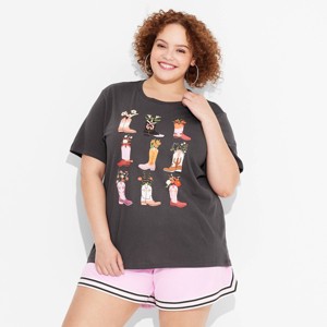 Women's Cowgirl Boot Grid Short Sleeve Graphic T-Shirt - Black - 1 of 3