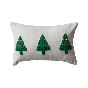 Storied Home Cotton Slub Lumbar Pillow with Embroidered Christmas Trees and Beads, Natural and Green - 1 of 1