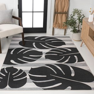 JONATHAN Y Allison Classic Beach Stripe and Monstera Leaf Indoor/Outdoor Area Rug - 1 of 4