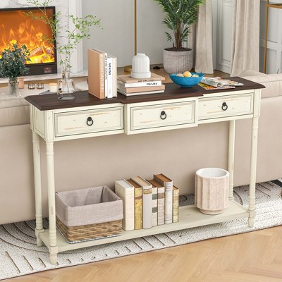 52" Cream and Brown Wood Console Table with Storage Drawers