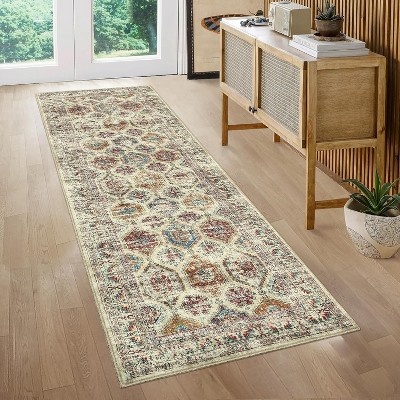 Washable Runner Rug Non Slip Floor Carpet, Low Pile Distressed Kitchen Rug, Non-Shedding Faux Wool Soft Rug, Vintage Printed Rug