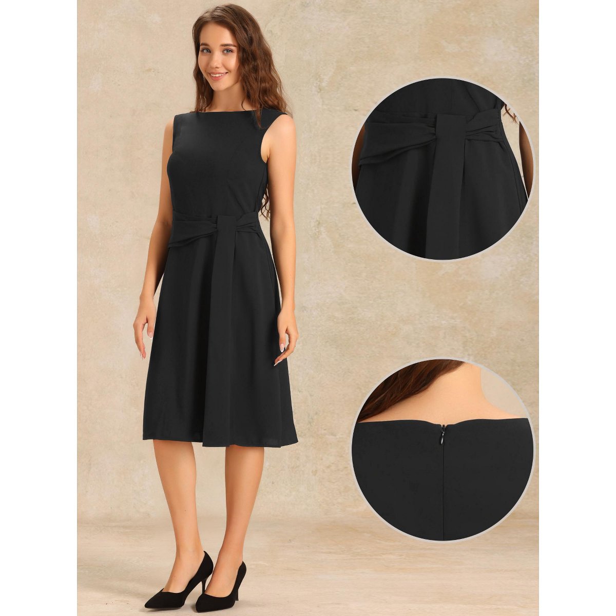 Женские платья INSPIRE CHIC Women's Tie Waist Boat Neck Midi Sleeveless Work Dress Black Small — фото 2