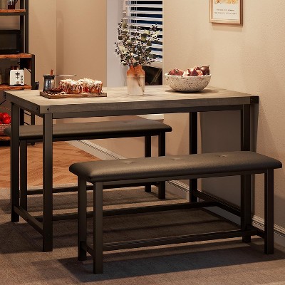 Vintage Kitchen Dining Set with Table and 2 Upholstered Benches, Perfect for Small Spaces and Seating for Two