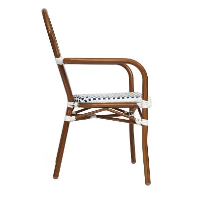 White and Navy Rattan Dining Chair with Brown Aluminum Frame