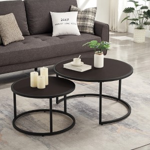 ORRD Set of 2 Nesting Coffee Tables, Modern Round Faux Leather Top with Golden Metal Base for Living Room - 1 of 4