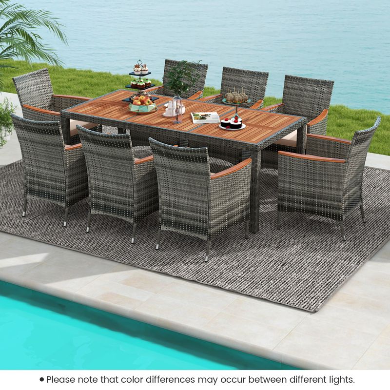 Costway 9PCS Patio Rattan Dining Set Acacia Wood Table Cushioned Chair Mix Gray, 4 of 11