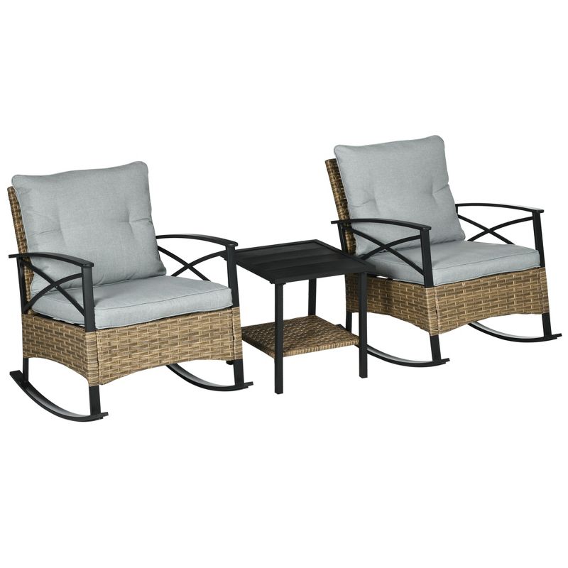 Outsunny 3 Piece Rocking Wicker Bistro Set, Outdoor Patio Furniture Set with two Porch Rocker Chairs, Cushions, Two-Tier Coffee Table, 4 of 7