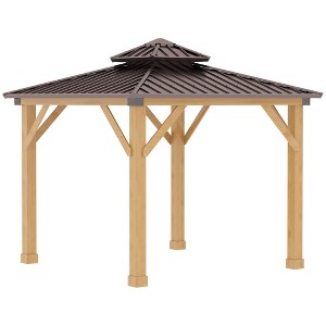 Outsunny 10x10 Hardtop Gazebo with Wooden Frame, Permanent Metal Roof Gazebo Canopy with Ceiling Light Hook for Garden, Patio, Backyard - 1 of 4