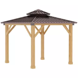 Outsunny 10x10 Hardtop Gazebo with Wooden Frame, Permanent Metal Roof Gazebo Canopy with Ceiling Light Hook for Garden, Patio, Backyard