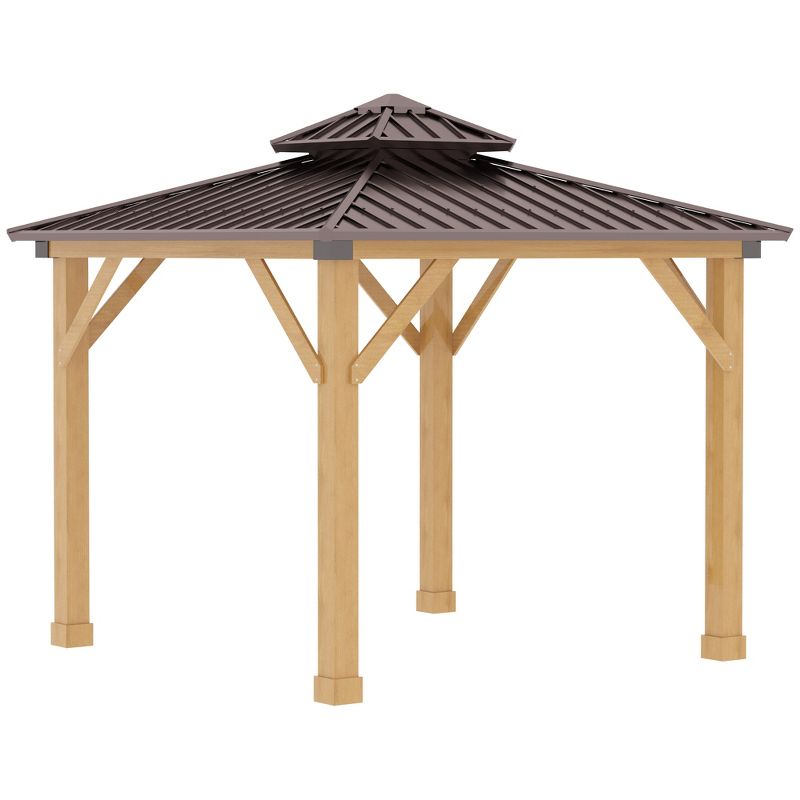 Outsunny 10x10 Hardtop Gazebo with Wooden Frame, Permanent Metal Roof Gazebo Canopy with Ceiling Light Hook for Garden, Patio, Backyard, 1 of 9
