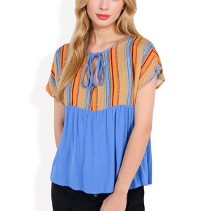 Anna-Kaci Women's Short Sleeve Boho Peasant Top with Tie Front and Striped Print - 1 of 4