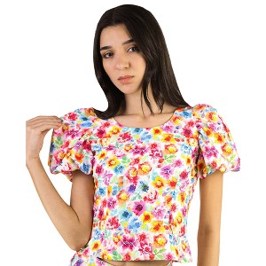 Artyska Women's Floral Balloon Sleeve Round Neck Crop Top - 1 of 4