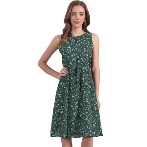 Allegra K Women's Floral Split Neck Drawstring Waist Sleeveless A-Line Summer Midi Dress - 1 of 4