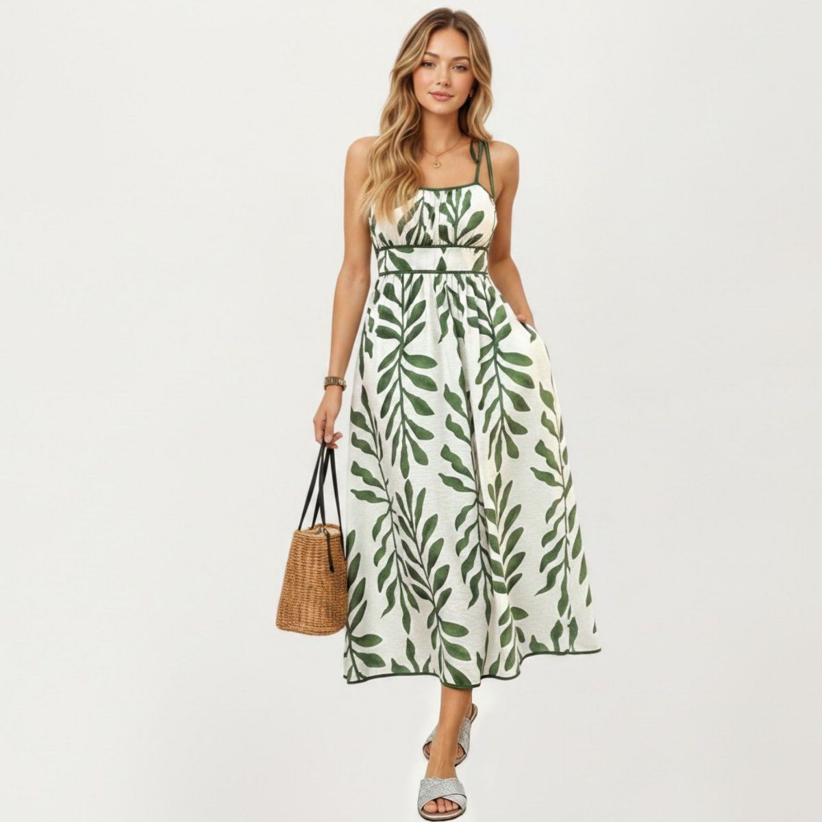Anna-Kaci Women's Sleeveless Midi Dress with Leaf Print Tie Shoulder Straps Smocked Back Flowy A-Line Silhouette - thumbnail 2
