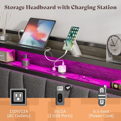 AMERLIFE Bed Frame with LED Lights & Charging Station, Linen Upholstered Headboard with 2-Tier Storage